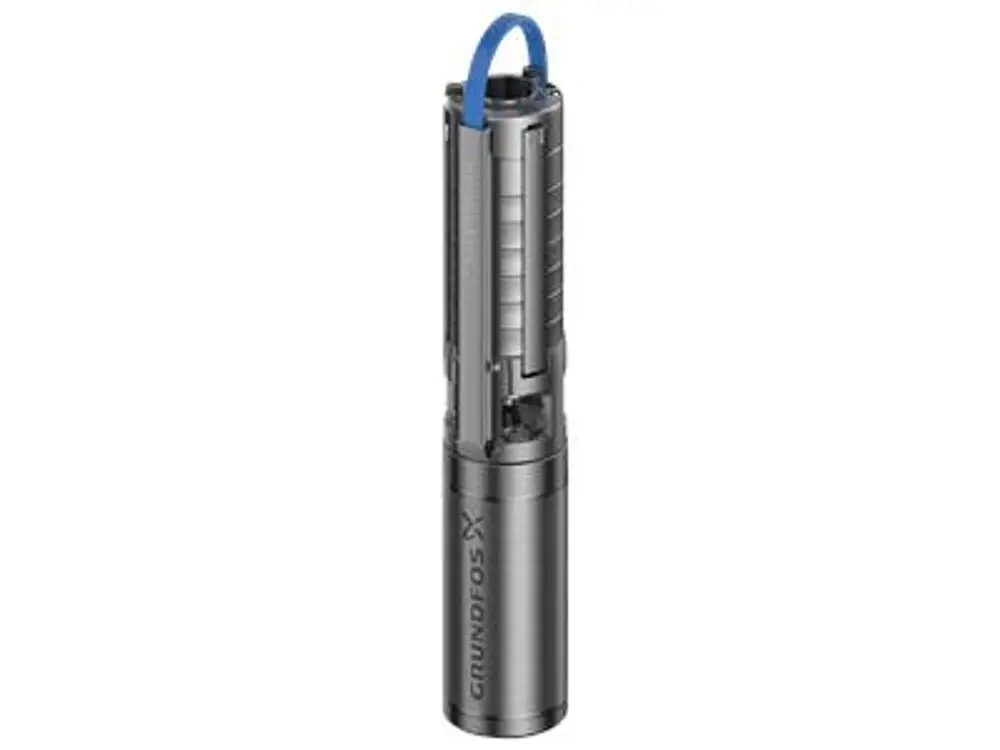 Unterwasserpumpe in silberner Ausführung von Grundfos. Zylindrische Form mit blauer Schlauchverbindung oben. Sichtbare Innenteile und Anordnung der Elektroteile.